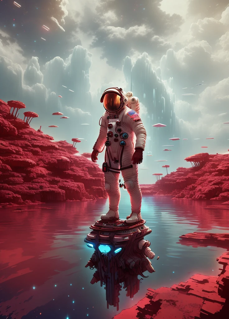 Astronaut in white suit standing in body of water, In the red dream world, Looking out over the Red Sea, HD wallpapers, Beeple and James Jean, Red sprite in the atmosphere, An astronaut  missing in the ocean, amazing wallpapers, hq 4k wallpaper, 4 k HD wallpapers very detailed, Red atmosphere, 8K Extreme Red Color