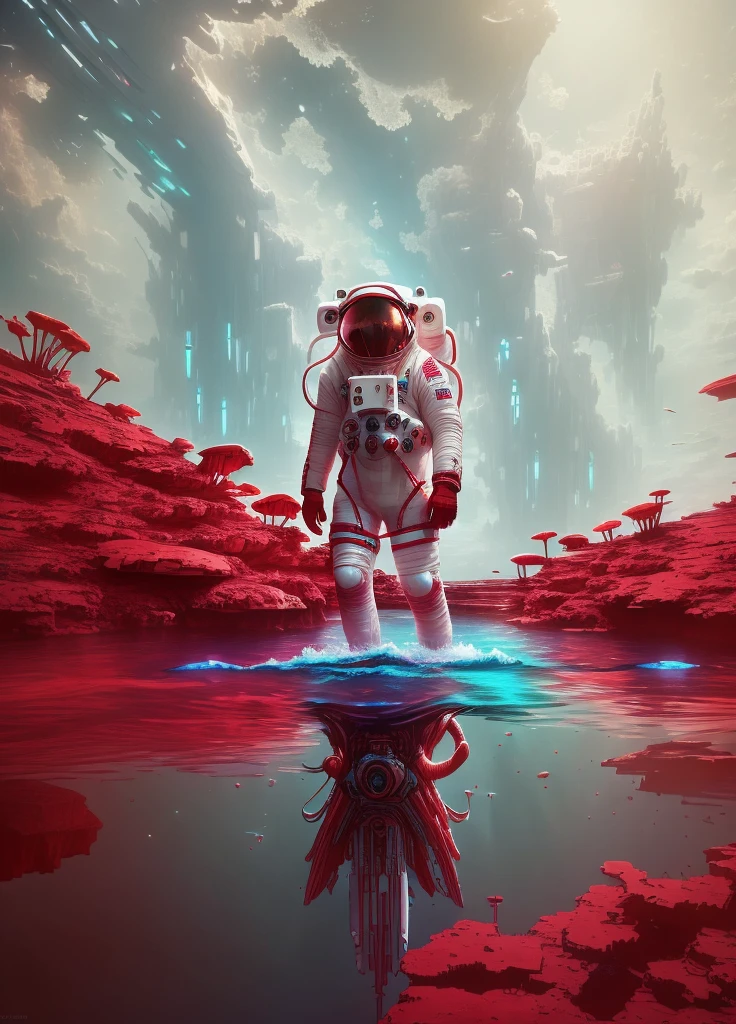 Astronaut in white suit standing in body of water, In the red dream world, Looking out over the Red Sea, HD wallpapers, Beeple and James Jean, Red sprite in the atmosphere, An astronaut missing in the ocean, amazing wallpapers, hq 4k wallpaper, 4 k HD wallpapers very detailed, Red atmosphere, 8K Extreme Red Color