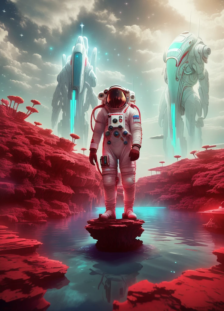 Astronaut in white suit standing in body of water, In the red dream world, Looking out over the Red Sea, HD wallpapers, Beeple and James Jean, Red sprite in the atmosphere, An astronaut  missing in the ocean, amazing wallpapers, hq 4k wallpaper, 4 k HD wallpapers very detailed, Red atmosphere, 8K Extreme Red Color