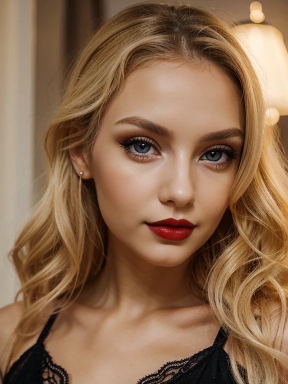 Slavic girl 26 years old, blonde hair, petite, slim, curly hair, stockings, dark red lips, lies, close look straight in to eyes, face only 
