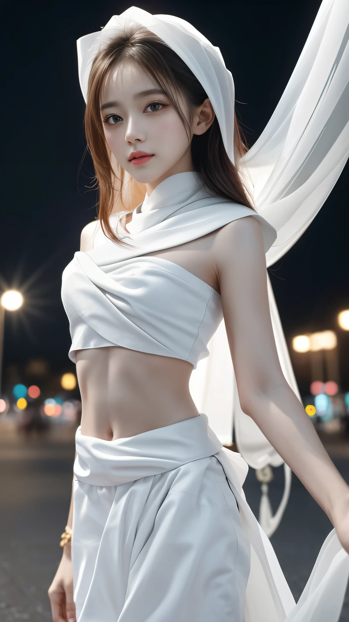 (8k, masterpiece, best quality), ultra-detailed, detailed beautiful round eyes, beautifully detailed face, high quality, high resolution, 1 girl, small breast, (white cloth:1.5), (bare waist:1.5), nighttime, night park background,