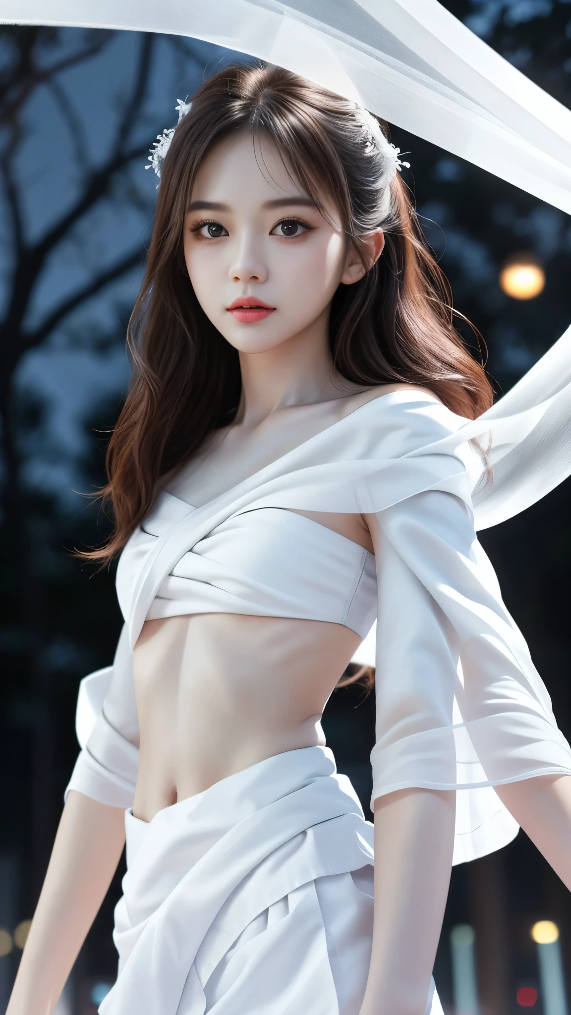 Korean girl, white long hair with bangs, icy blue eyes, white skin, white skimpy ninja suit, video game style, mortal kombat style