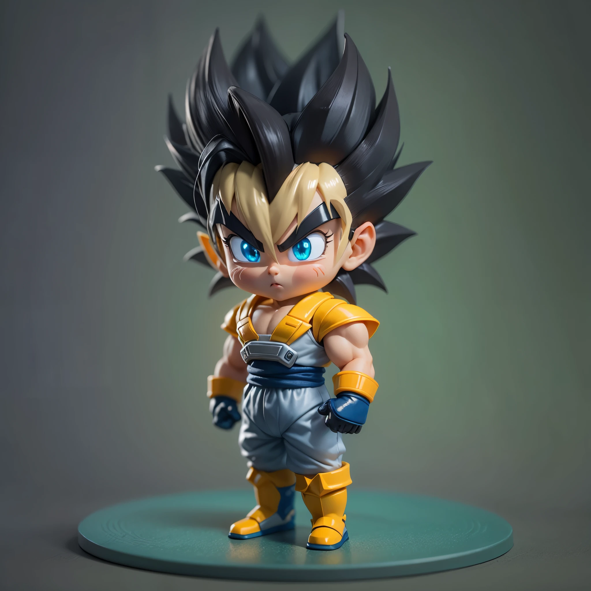 goku dragon ball bodybuilder, beautiful face, serious face, white hair, red eyes, perfect body, (full body), fit body, abs, medium breasts, muscular,blue and orange topless armor, (cute, chibi)