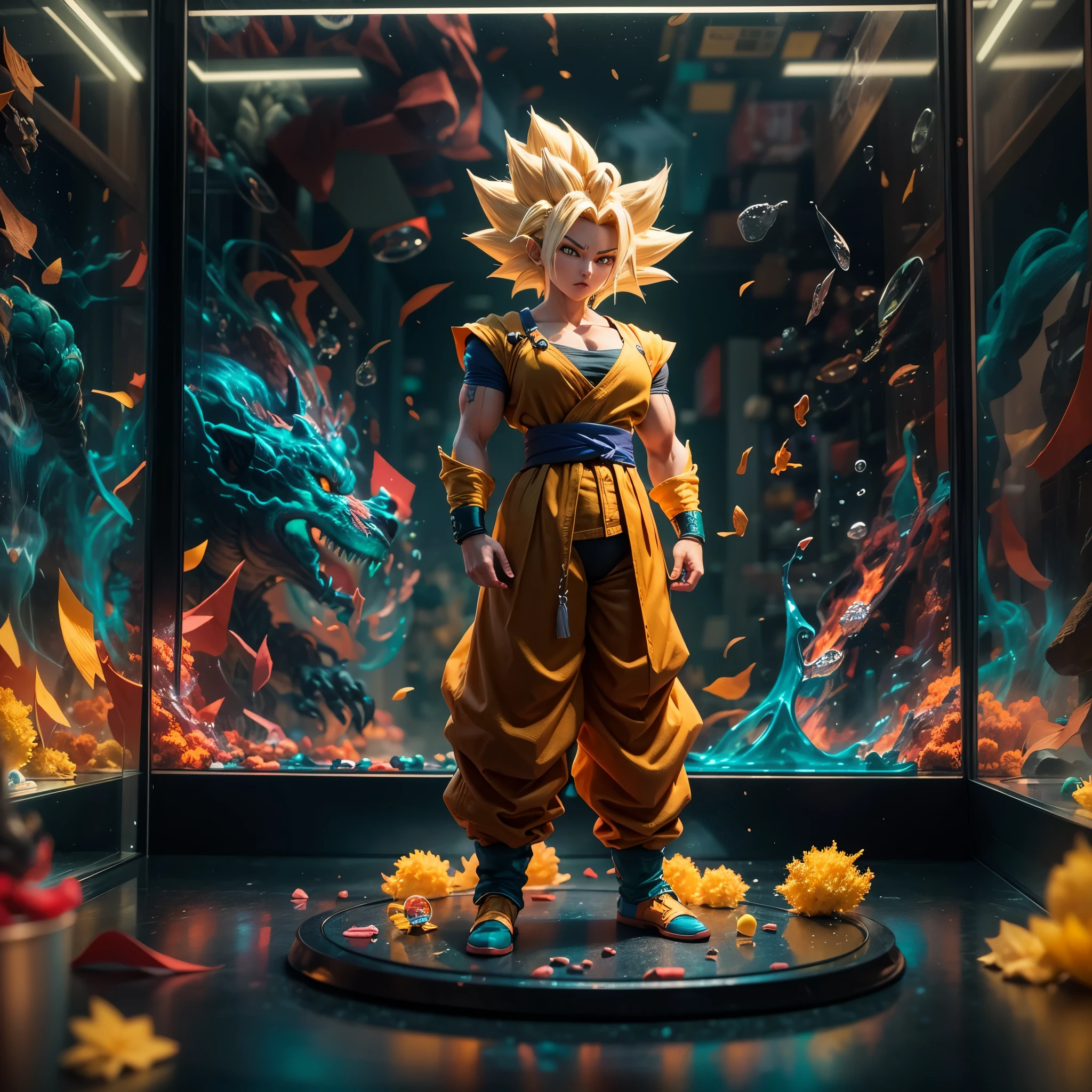 (Super Saiyan toys in glass display case),(detailed facial featureest quality),(Vibrant color right lighting),(3D rendering),(Super detailed),(lifelike),(studio lighting),(Colorful background),