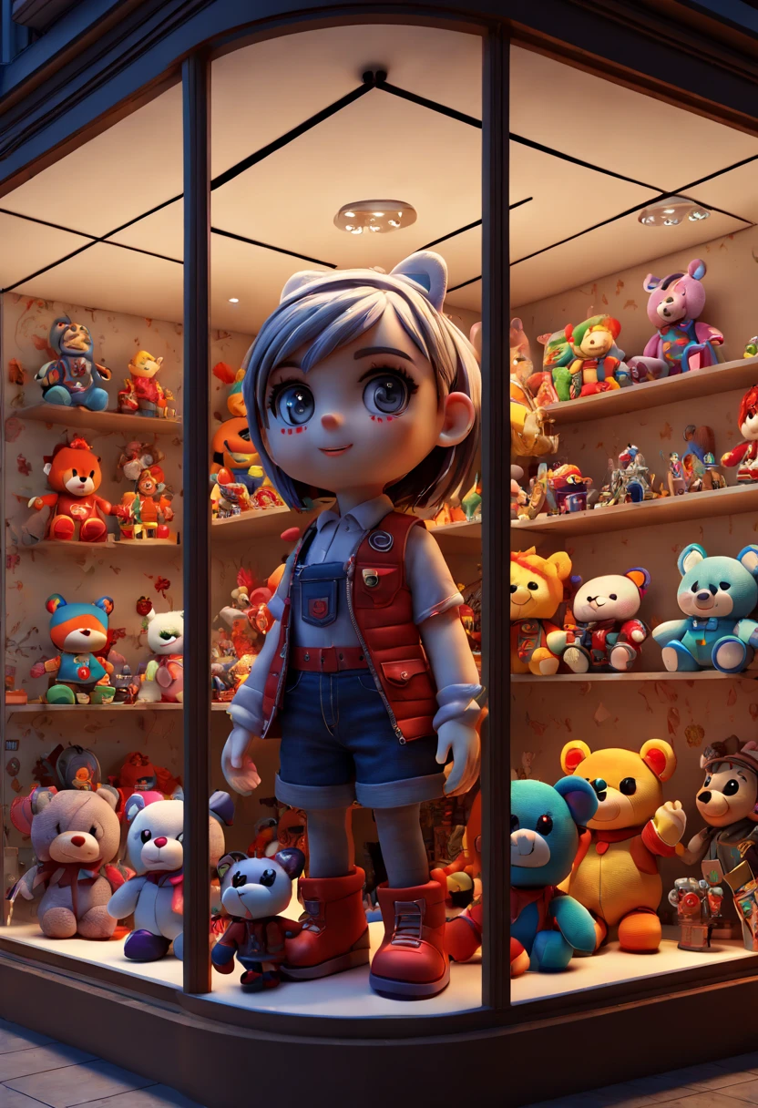 art by Ivan Plush, Toy Store, Window Display, octane render, enhance, intricate, (best quality, masterpiece, Representative work, official art, Professional, 8k wallpaper:1.3)