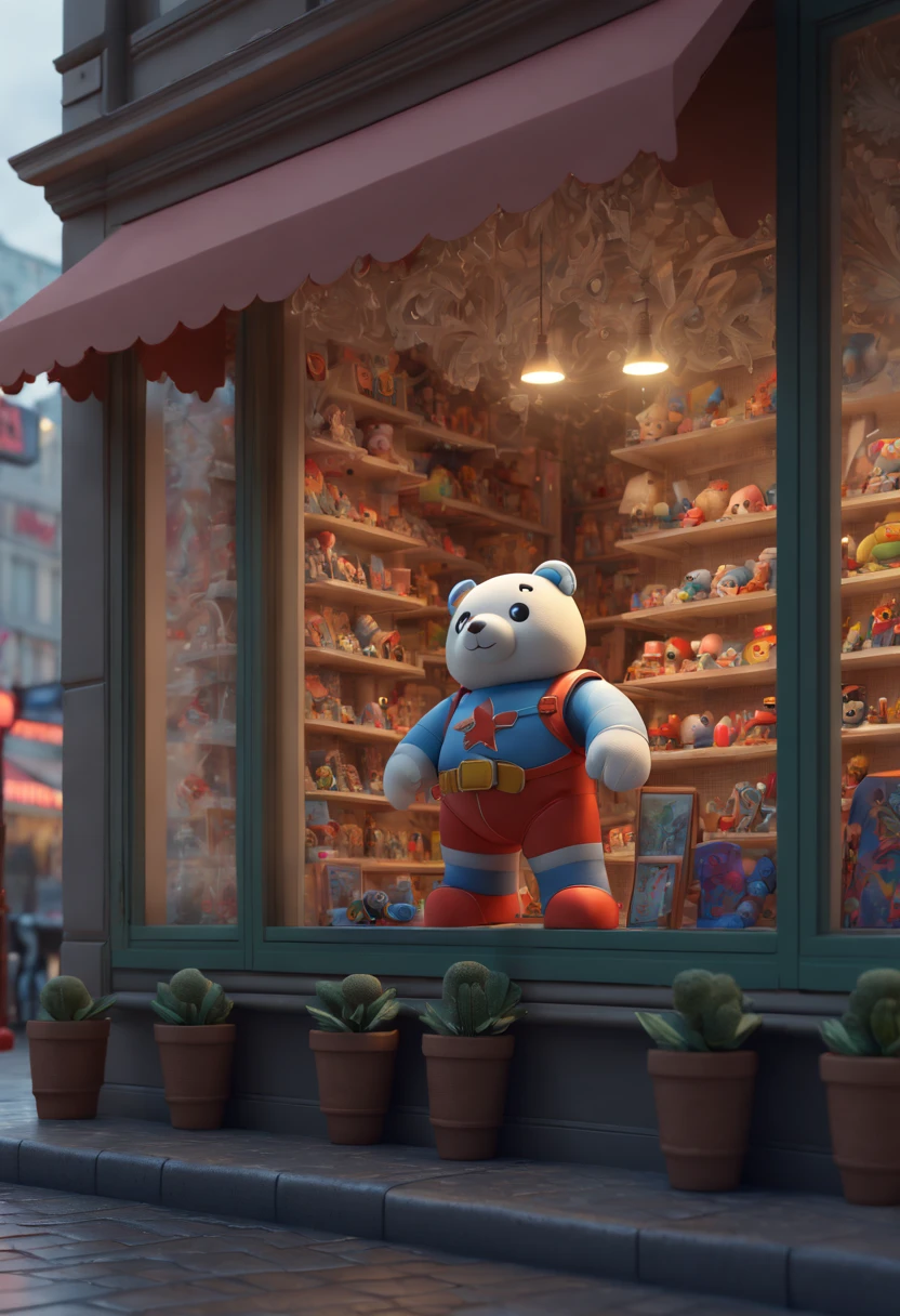 art by Ivan Plush, Toy Store, Window Display, octane render, enhance, intricate, (best quality, masterpiece, Representative work, official art, Professional, 8k wallpaper:1.3)