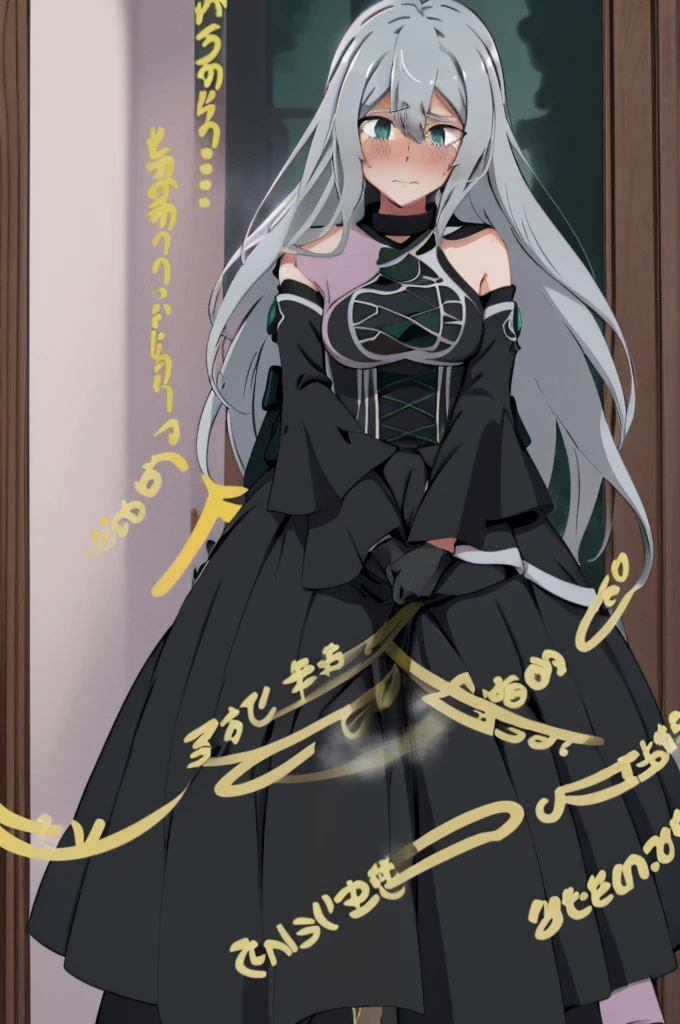 Peeing self, Have to pee, Anime, looking at camera, embarrassed, blush, pee stain, pee stain on skirt, peeing, yellow pee, tears, crying, out of breath, sweating, heterochromia,1 green eye, 1 grey eye, silver hair, one girl, alfia, long hair, long dress, gothic dress
