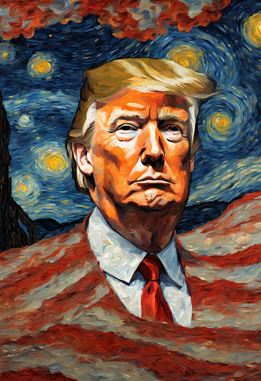 painting, fine art, Mugshot of donald trump, portrait of trump, in the style of van gogh, starry night van gogh, high resolution,