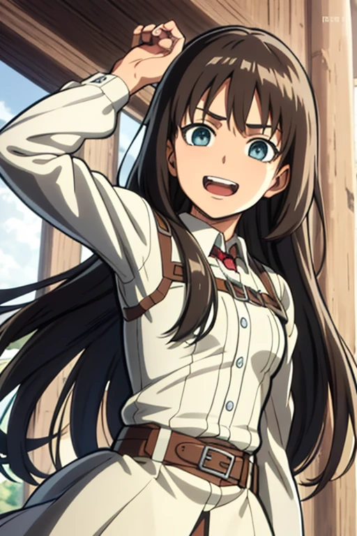 masterpiece, 最high quality, high quality, Attack on Titan、uniform、girl、long hair、brown hair、blue eyes、smile、cute、look at me、cute、laughing、looks fun、Upper body、