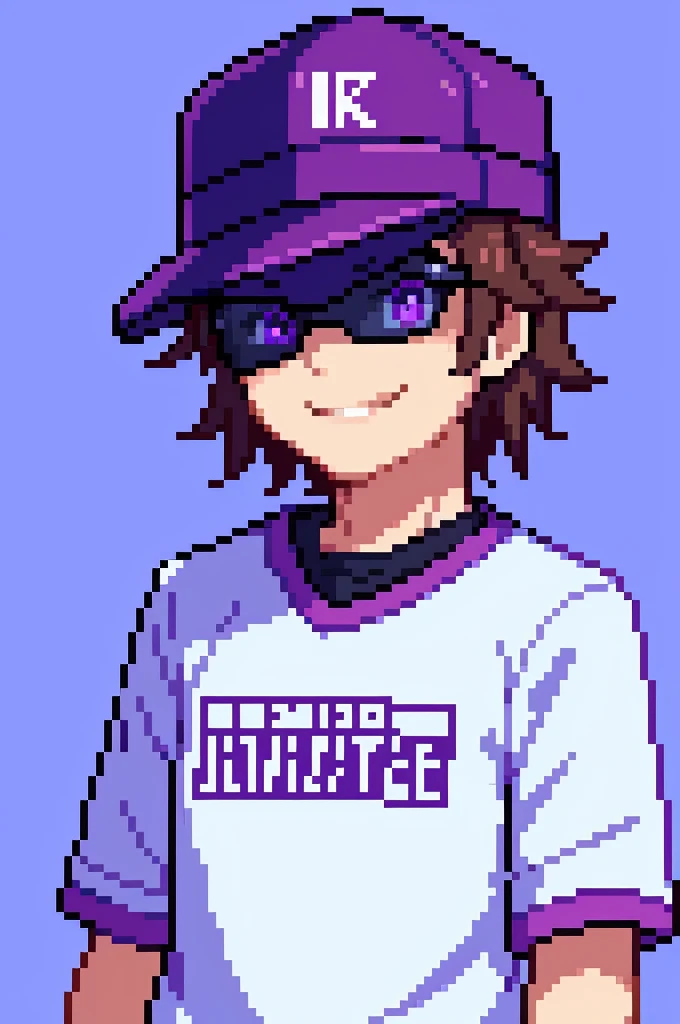 Image of a smiling boy facing front, wearing baseball cap, wearing big VR googles, eyes are covered by the VR googles welcoming vibe, a lot of purple, pink and blue colors