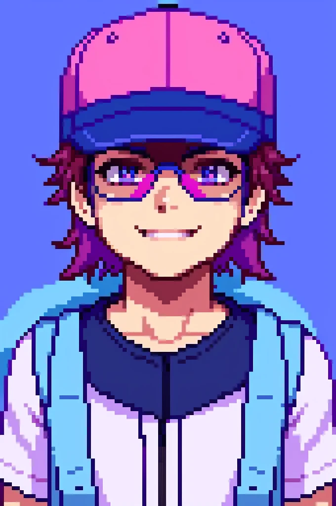 Image of a smiling boy facing front, wearing baseball cap, wearing big VR googles, eyes are covered by the VR googles welcoming vibe, a lot of purple, pink and blue colors