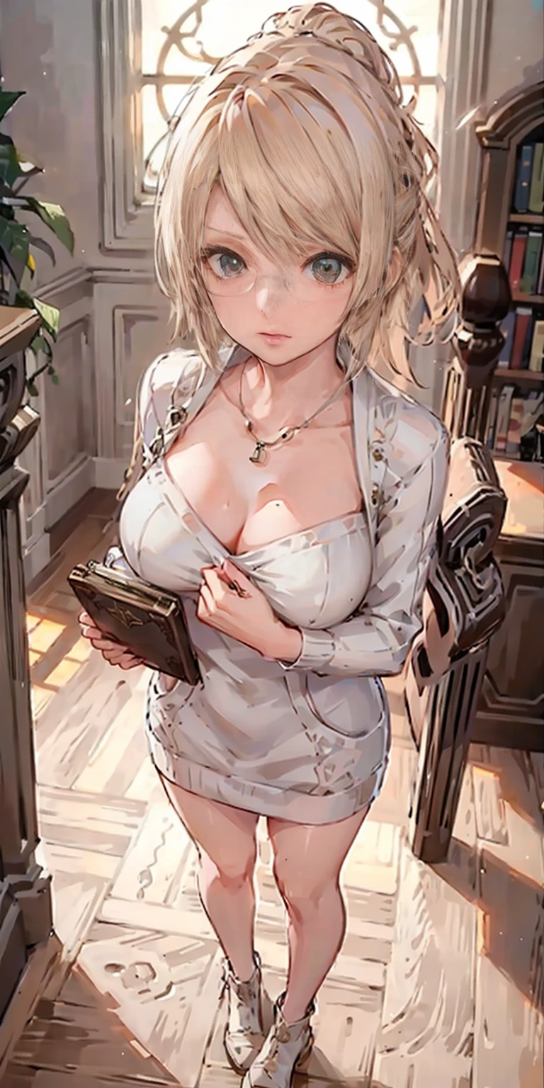 full-body close-up, create an elegant atmosphere, (masterpiece),(best quality), glasses, chakumomi, pov hand, breast grab, (embarrassed),sweater, in library, standing on wood floor
