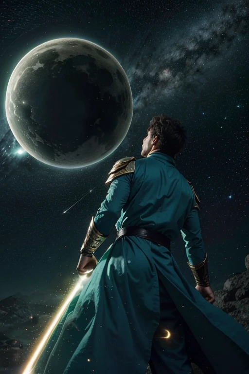 crie um homem com poderes gravitacionais, with a cosmic appearance, brilhante e realista no estilo anime, sua roupa semelhante a um sobretudo com tons de verde, combining with the energy emanating from his powers, which also have shades of green, he is using his gravitational powers to move two moons towards the enemy to crush him, forcing one against the other, Causing a galaxy-wide tremor. the camera angle should show him from the back moving the moons from afar with both hands, e seu cabelo tem tons de amarelo.