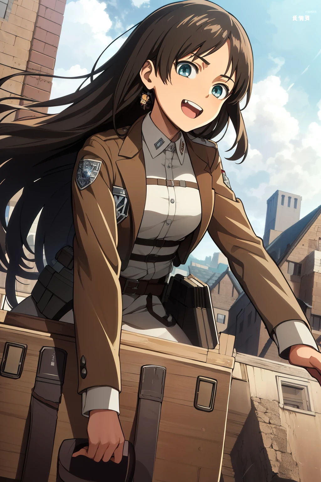 masterpiece, 最high quality, high quality, Attack on Titan、uniform、girl、long hair、brown hair、blue eyes、smile、cute、look at me、cute、laughing、looks fun、