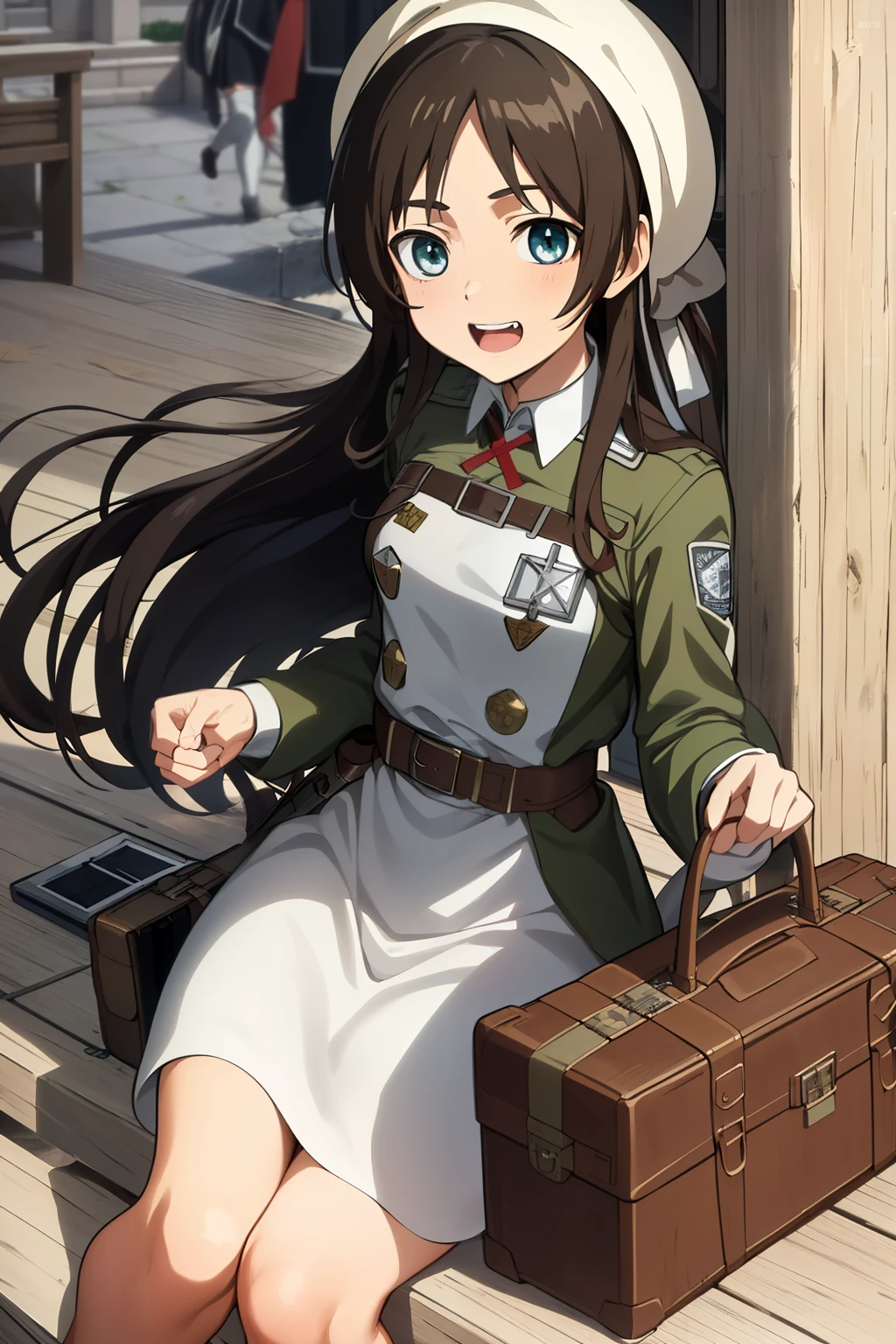 masterpiece, 最high quality, high quality, Attack on Titan、uniform、girl、long hair、brown hair、blue eyes、smile、cute、look at me、cute、laughing、looks fun、