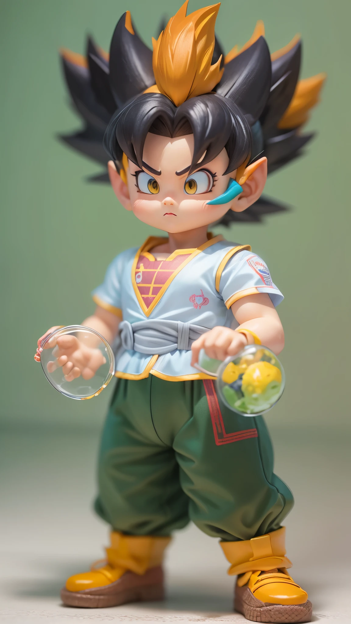 In a toy store,(Super Saiyan toys in glass display case),(detailed facial featureest quality),(Vibrant color right lighting),(3D rendering),(Super detailed),(lifelike),(studio lighting),(Colorful background),