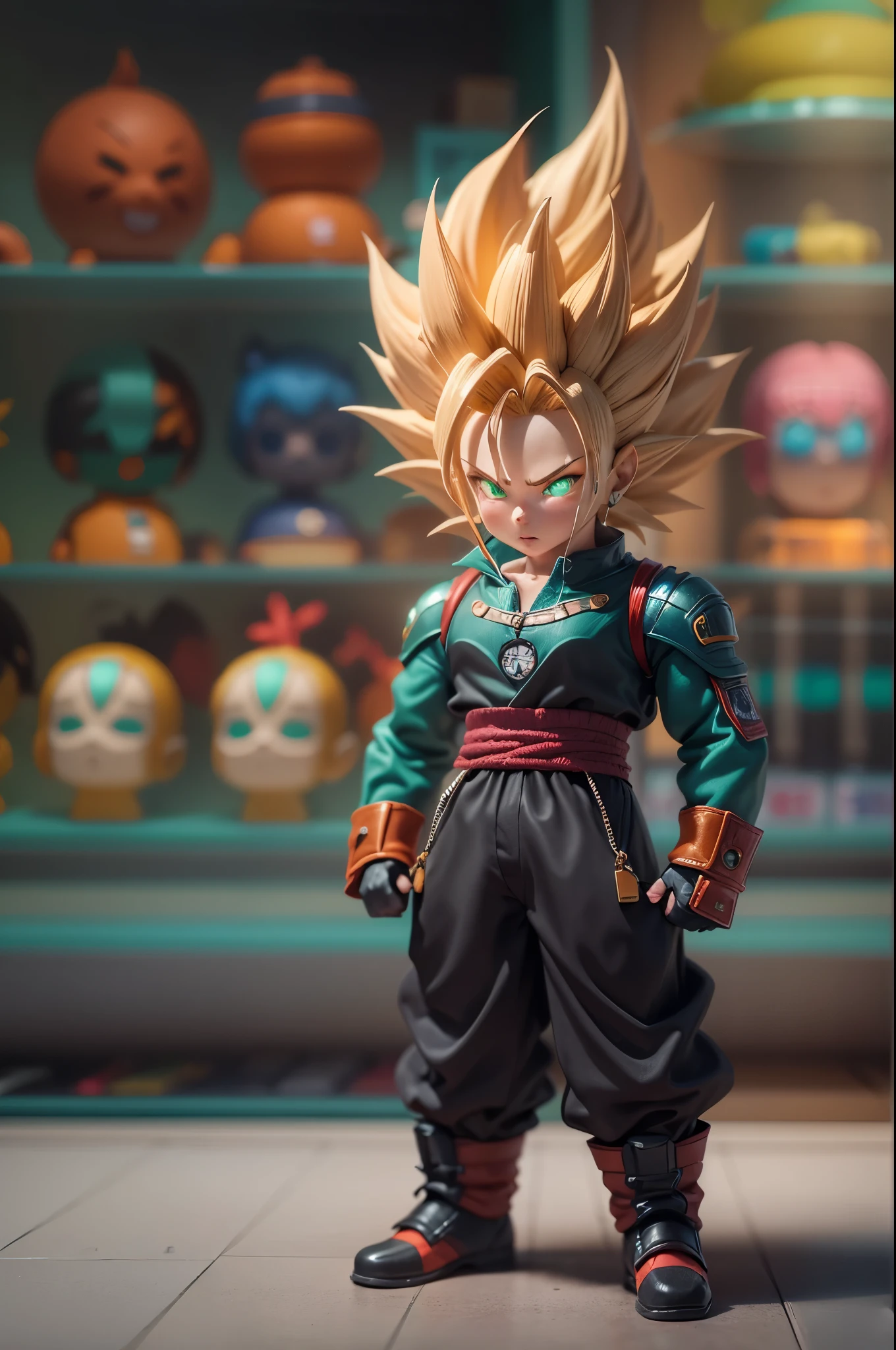 In a toy store,(Super Saiyan toys in glass display case),(detailed facial featureest quality),(Vibrant color right lighting),(3D rendering),(Super detailed),(lifelike),(studio lighting),(Colorful background),