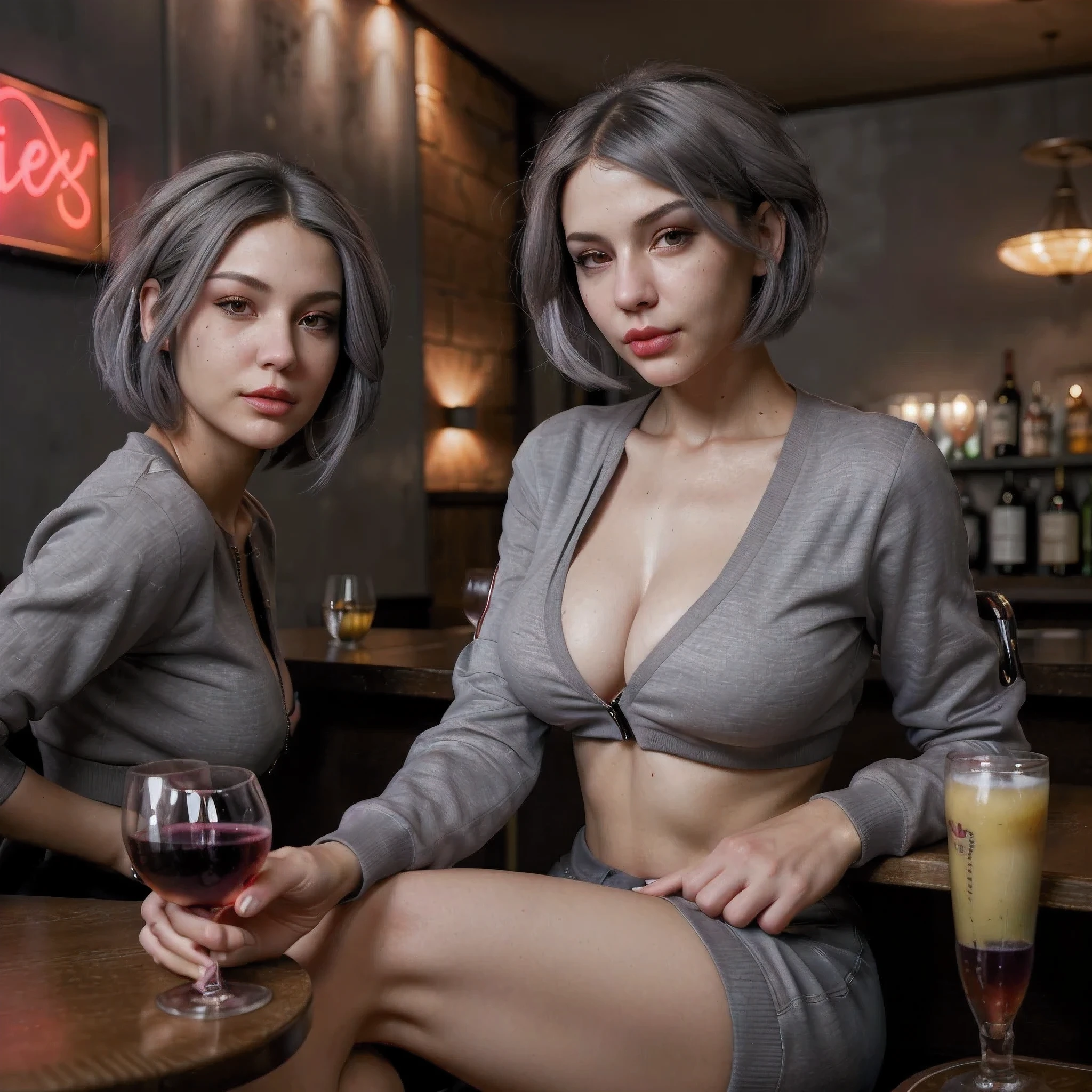 Best quality, in the bar, sitting at a table, holding a glass of wine, Red color bomber in cyberpunk style, Beautiful face, gray hair, bob hairstyle, smooth, a neat nose, Beautiful girl,  size 2, Grey eyes, sweet Lips, a slim body, perfect face.