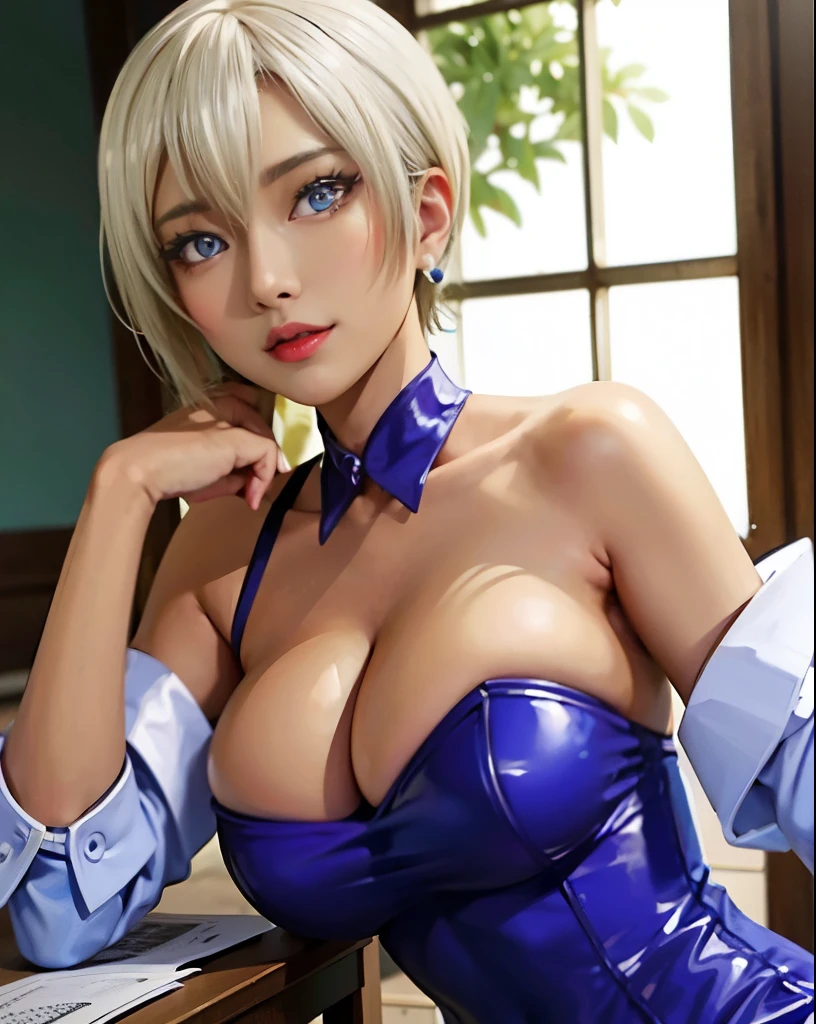 Alafi wearing a blue dress and sitting on a chair, 魅惑的なanimeの女の子, japanese goddess, anime girl , 美しく魅惑的なanimeの女性, , have blue skin, trending on cgstation, anime , whole body shangxia, smooth blue skin, Ayaka , Inspired by Ren Mei, boobs cyberpunk, Exquisite beauty、exquisite female body、fascinating cleavage、((medium shot、(mid distance)、head to toe diagram))