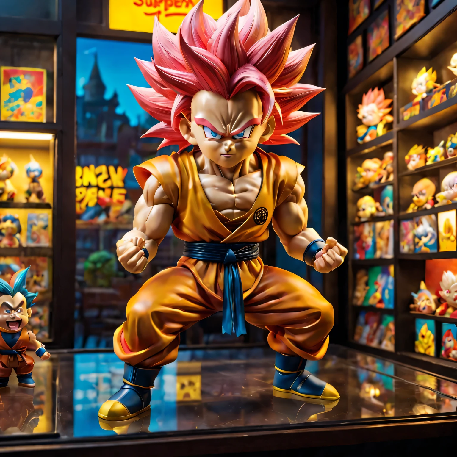 (Toy store window display Super Saiyan toys),(Detailed facial features of the highest quality),(Bright colors and just the right lighting),(3d rendering),(super detailed),(lifelike),(studio lighting),(Colorful background),