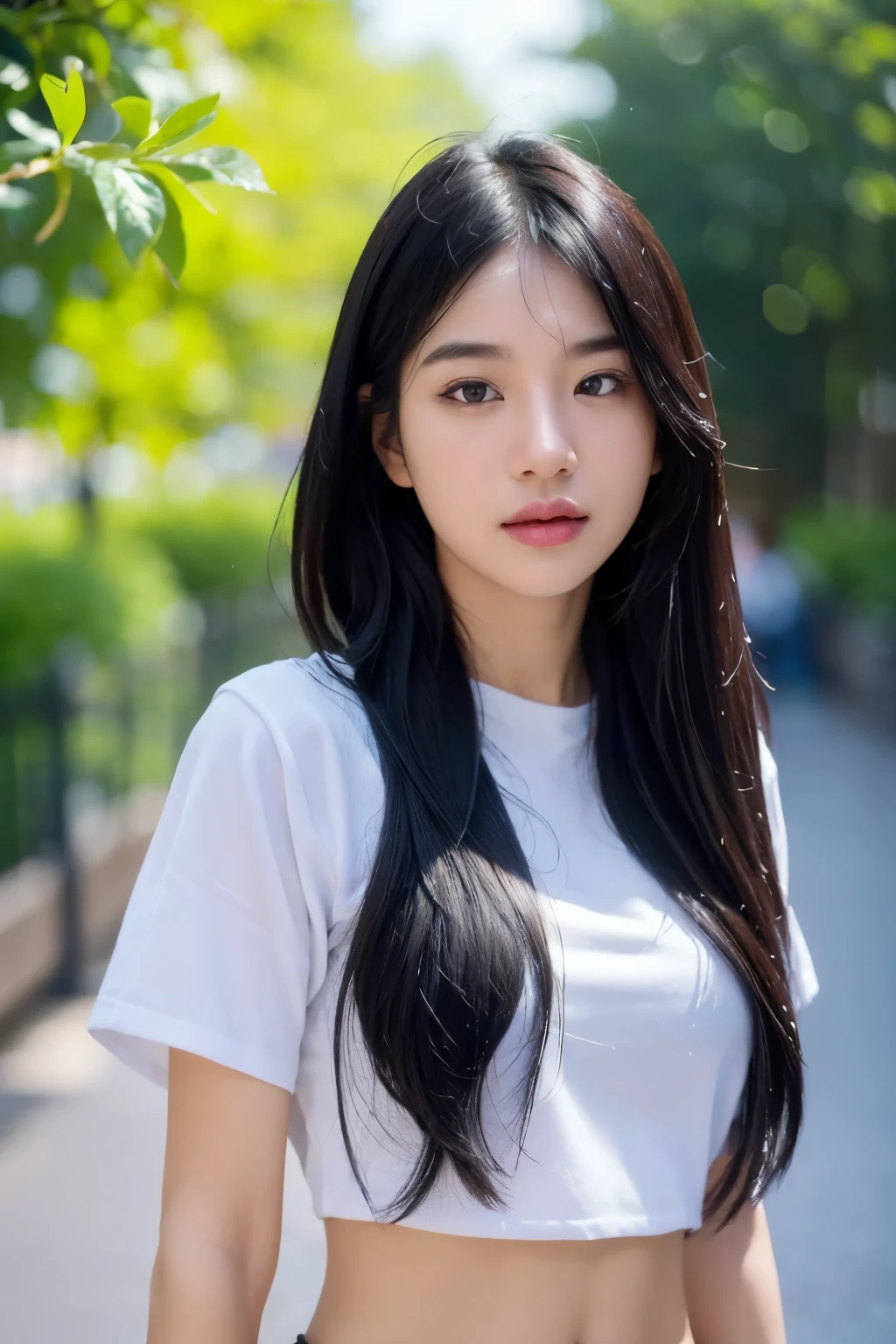 (Best quality:1.4), (ultra high resolution:1.2), (photorealistic:1.4), (8K, raw photo:1.2),(portrait shot:1.3), bmang powder, 1 girl, One, long hair, Black hair, Upper body, White shirt, crop top, navel, 