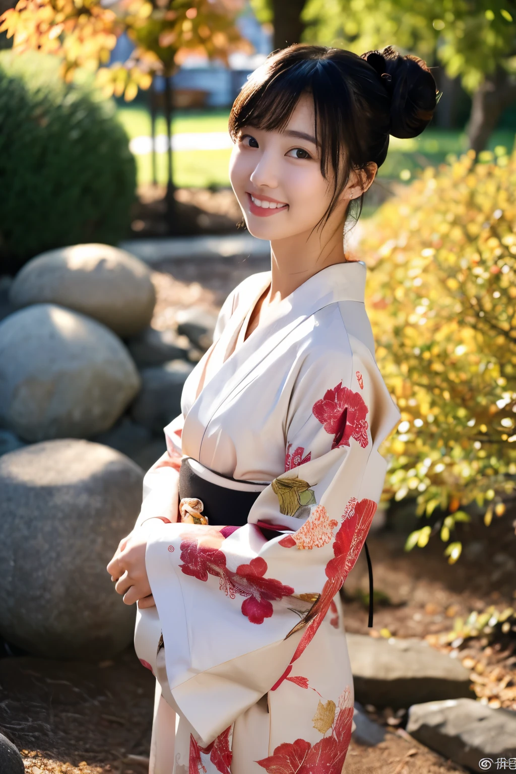 (realistic:1.3), rembrandt lighting, (masterpiece:1.2), (photorealistic:1.2), (best quality), (detailed skin:1.3), (intricate details), ray tracing,1girl, japanese girl, 21 years old, detailed skin texture, (blush:0.5), subsurface scattering, smiling, updo hair, bangs, hair between eyes, hair ornaments, kimono, floral print, wearing edgJF_kimono, seiza (bright sunny day, autumn setting, autumn trees and leaves, (zen garden:1.2), 19 years old, nsfw, open kimono