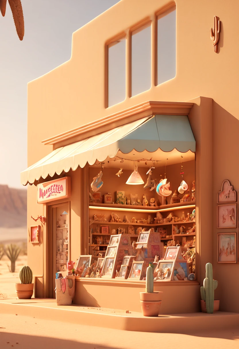 Toy Store in desert, Window Display, octane render, enhance, intricate, (best quality, masterpiece, Representative work, official art, Professional, 8k wallpaper:1.3)