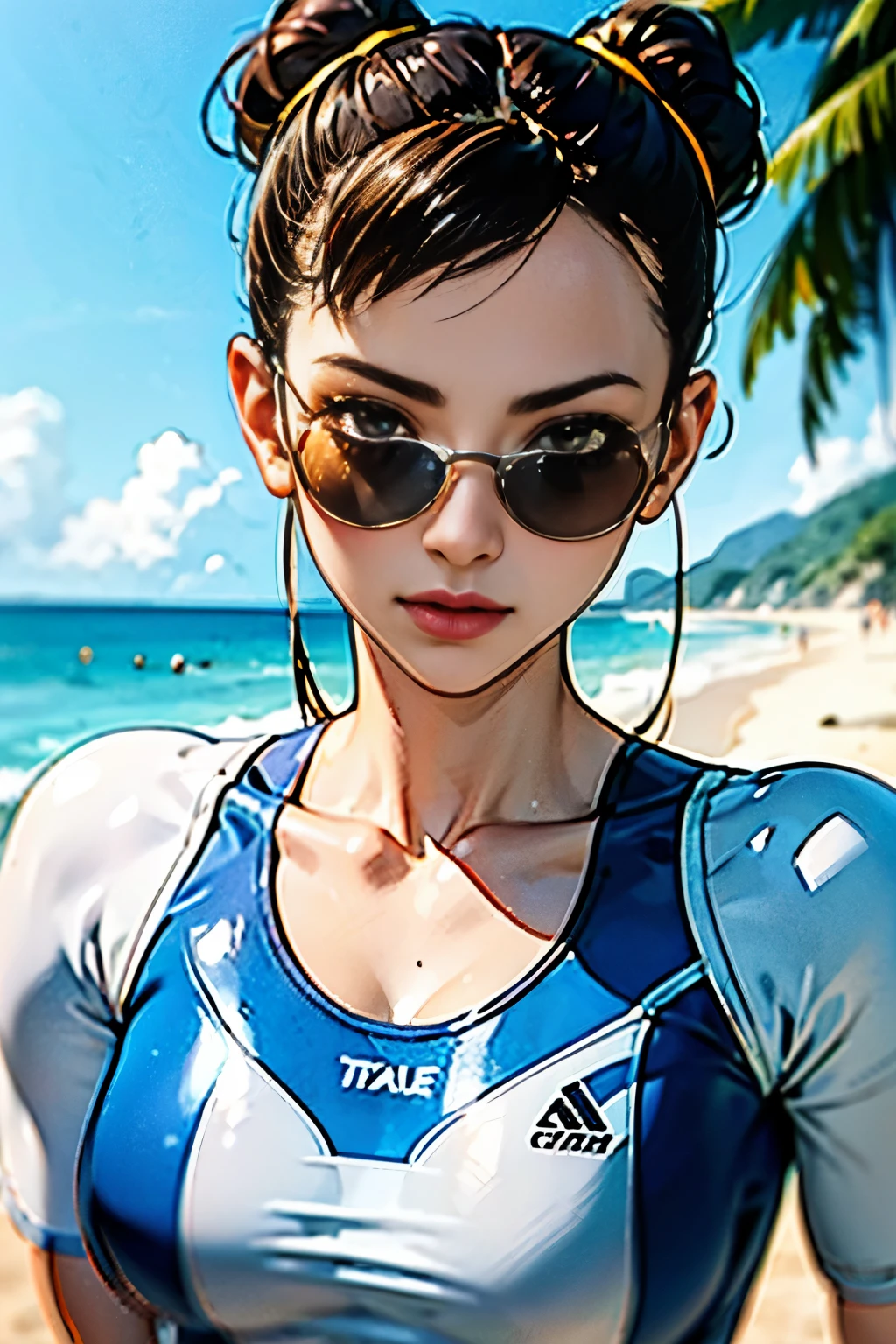 Chun li,high resolution, mais alta qualidade, Illustrations, super detalhe, (rosto detalhado), (olhos detalhados) , praia, diving swimsuit, sozinha, sunglasses, rosto bonito, pele detalhada, cabelo realista, textura perfeita