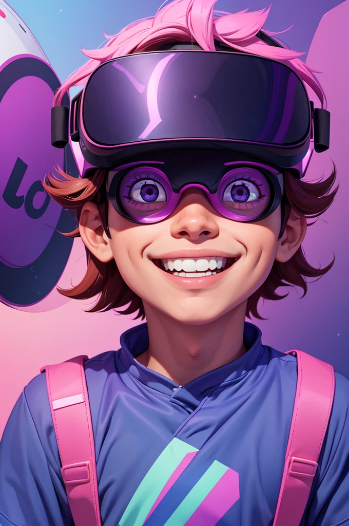 Image of a smiling boy facing front, wearing baseball cap, wearing big VR googles, eyes are covered by the VR googles welcoming vibe, a lot of purple, pink and blue colors