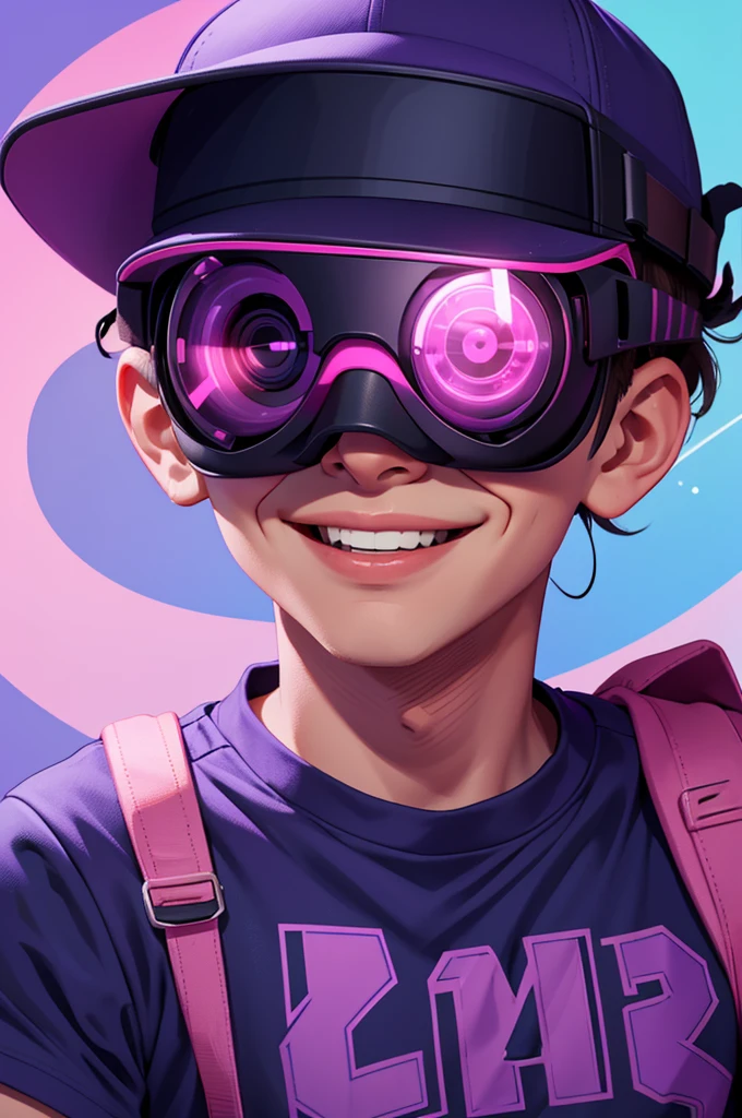 Image of a smiling boy facing front, wearing baseball cap, wearing big VR googles, eyes are covered by the VR googles welcoming vibe, a lot of purple, pink and blue colors
