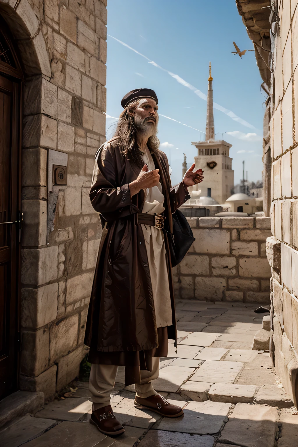 1 man standing at the Western Wall weeping and praying