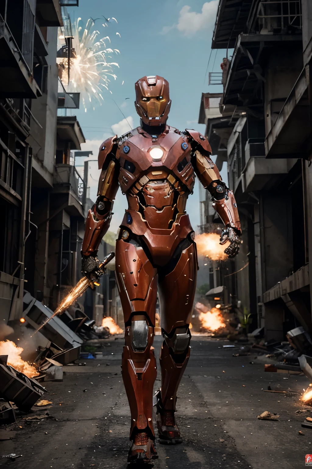create a surreal hyper realistic artwork, 16k, hyper detailed of a malay man become the leader in a war with machines full of robots. the man and the human army wear exo-skeleton like ironman suit (got battle scar, worn) complete with heavy weapon, dramatic scenes, full of explosion and flashes.