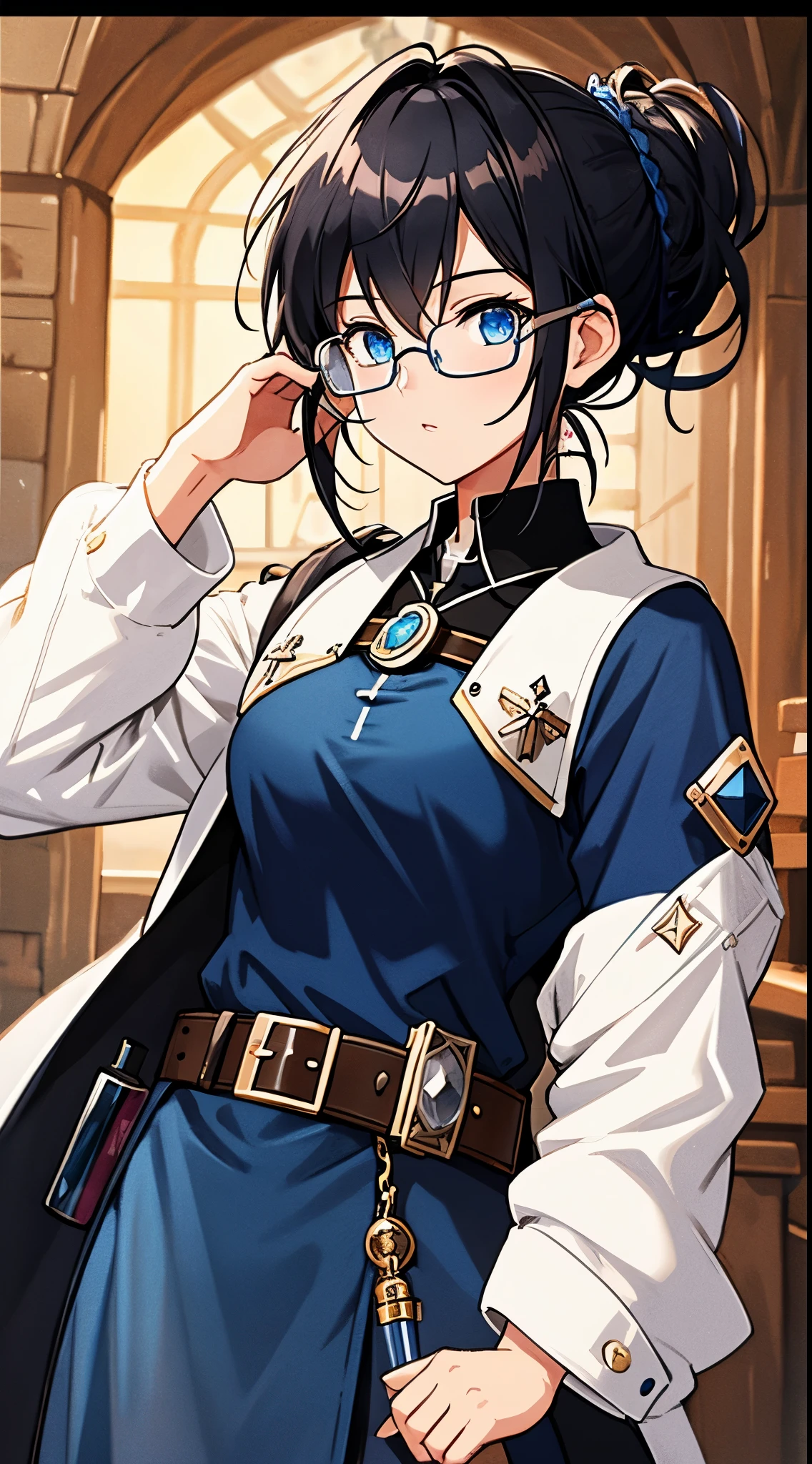[[[ultra-detailed, best quality, soft skin, beautiful, 4K, high definition]]]  black hair, blue eyes, square glasses, medium hair, hair-up, medieval alchemist outfit, belt with vials and poptions, magic shop background, (masterpiece 2.1), slim body, 