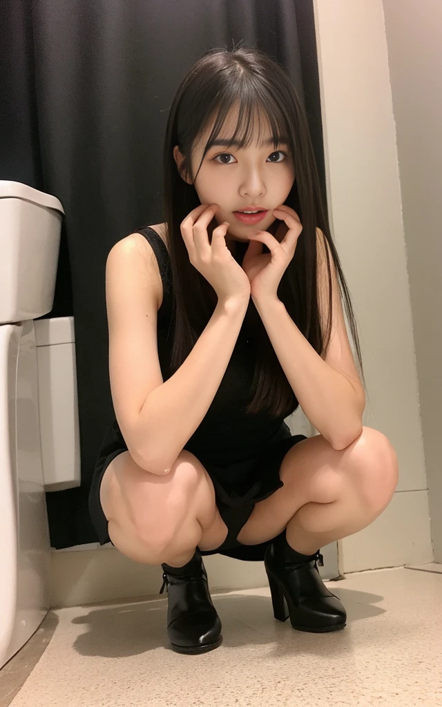 delicate girl、high school girl、、wearing black high heels、Squatting down on the toilet and inserting an enema into the butthole.、