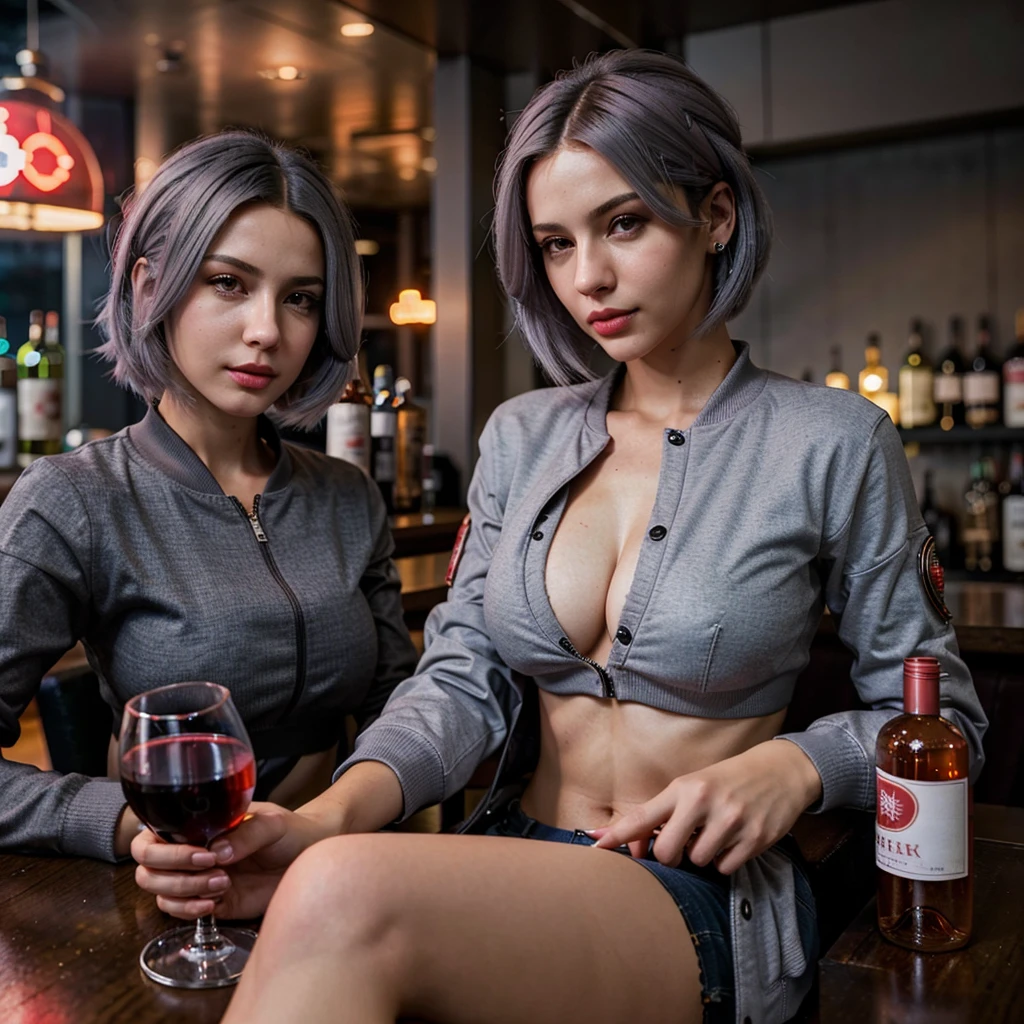 Best quality, in the bar, sitting at a table, holding a glass of wine, Red color bomber in cyberpunk style, Beautiful face, gray hair, bob hairstyle, smooth, a neat nose, Beautiful girl, Breast size 2, Grey eyes, sweet Lips, a slim body, perfect face.