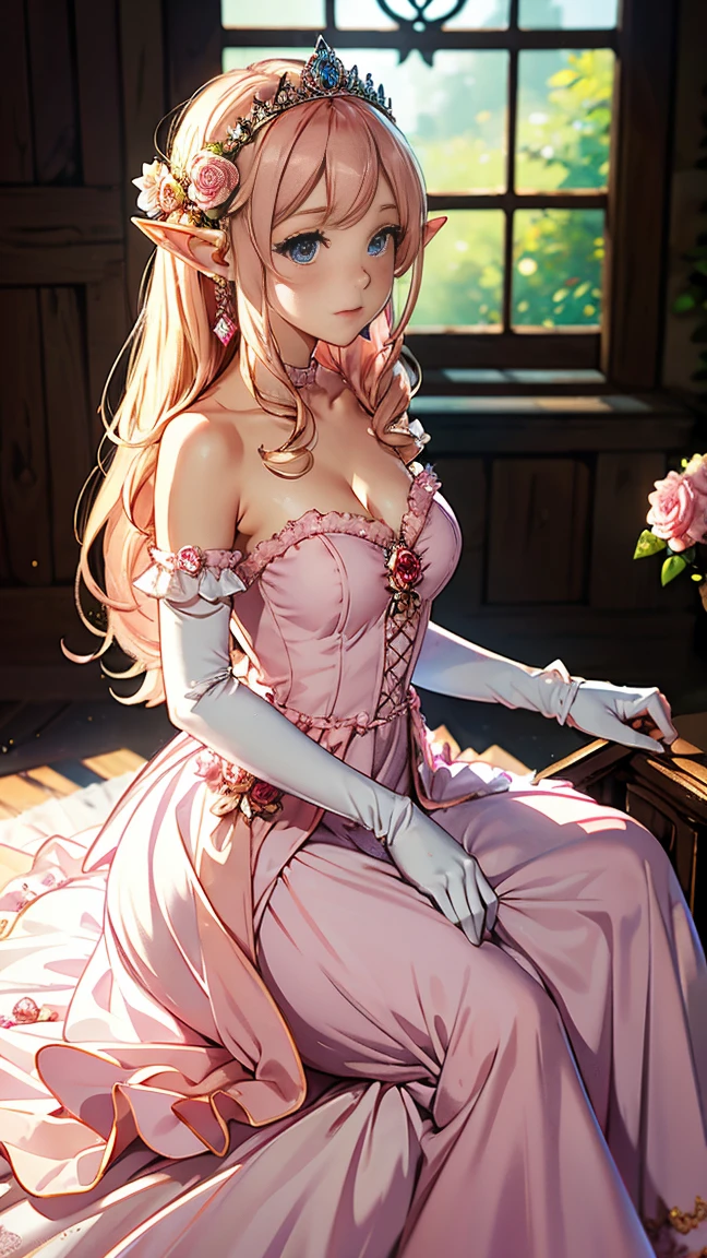 (quality, 4k, 8k, high resolution, masterpiece: 1.2), ultra-detailed, blurry, depth of field, blurred foreground, blurred background, pink, pink rose, dress, jewelry, earrings, elf ears, elf blonde hair, stained glass, princess dress, blue eyes, elbow gloves, pink dress, breasts, looking at viewer, hair over one eye, long hair, pink flower, elf ears, throne room, gloves, motion blur, solo focus , peach princess, crown, strapless, blush, white dress, indoors, photo \(medium\), 1 elf girl, strapless dress, gem