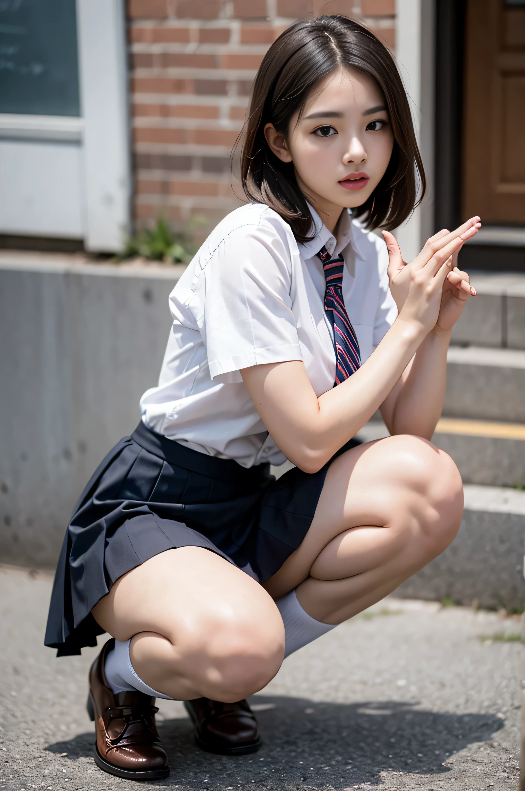 ULZZANG-6500-v1.1, (RAW PHOTO:1.2), (photot-REALISTIC，:1.4), beautiful detailed girls, highly detailed eyes and faces, Beautiful Detailed Eyes, s ridiculous, unbelievably ridiculous, Huge File Size, Super Detailed, Highres, very detail, sthe highest qualit, Master peace、, Kemomimi, ((Japanes girl' high school uniform)), An illustration, very detail, UHQ, unification, 8k壁紙, Splendid, Fine details, Master peace、, sthe highest qualit, very detailなUHQユニフォーム8k壁紙, Light on the face、Movie lighting、16歳の女の子、((witheout panties))、((dynamic posing)))、(camel toes)、(Half)、(pantyhose、、、、)、(Sitting on legs bending the knees))、short haired、ple short hair、long neck、Put your ears out、bangs、bigger eyes、Lashes、a Pretty、Very cute