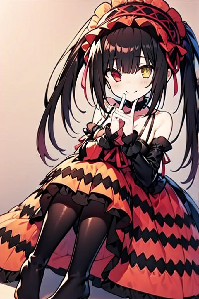 Black hair, long-haired twin-tails, Red right eye, The left eye golden, Red and Black Lolita Dress, Different left and right eye color, lack tights that don't show bare feet, Black long boots, Smiling, delicate finger, Graceful behavior, Black and red Lolita headdress, cleavage of the breast