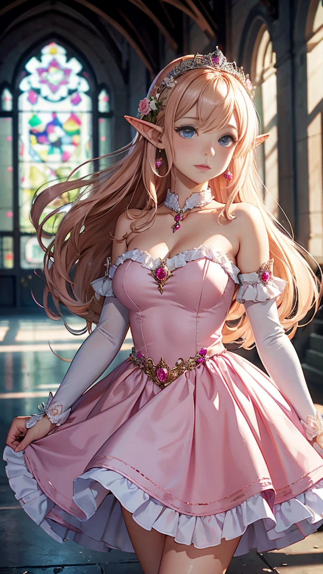 (quality, 4k, 8k, high resolution, masterpiece: 1.2), ultra-detailed, blurry, depth of field, blurred foreground, blurred background, pink, pink rose, dress, jewelry, earrings, elf ears, elf blonde hair, stained glass, princess dress, blue eyes, elbow gloves, pink dress, breasts, looking at viewer, hair over one eye, long hair, pink flower, elf ears, throne room, gloves, motion blur, solo focus , peach princess, crown, strapless, blush, white dress, indoors, photo \(medium\), 1 elf girl, dress, gem