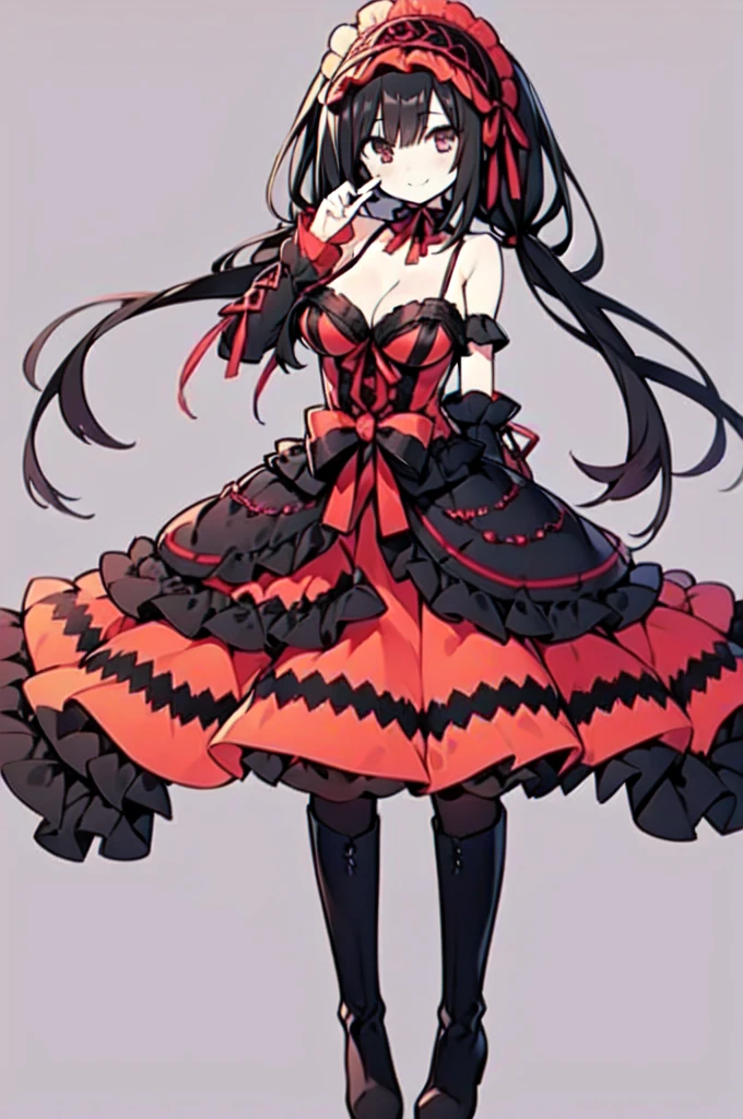 Black hair, long-haired twin-tails, Red right eye, The left eye golden, Red and Black Lolita Dress, Different left and right eye color, lack tights that don't show bare feet, Black long boots, Smiling, delicate finger, Graceful behavior, Black and red Lolita headdress, cleavage of the breast