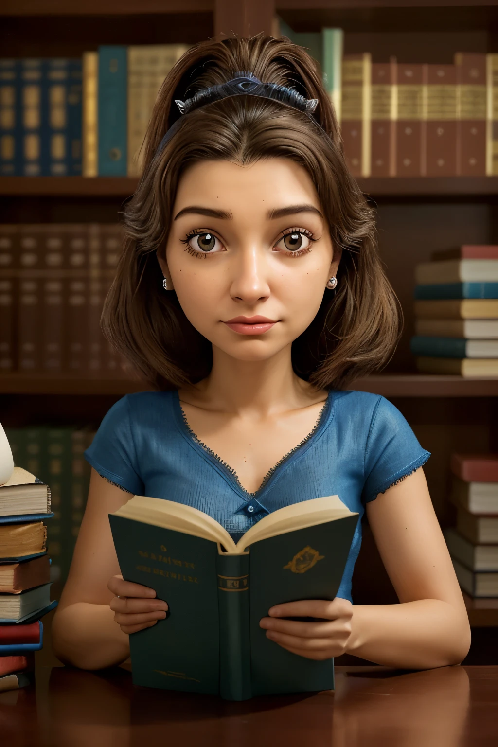 uma personagem estilo desenho da pixar, mulher branca, magra, fine strokes, com franjinha, cabelo grande liso e castanho, olhos castanhos, parada na frente, usando roupa elegante, segurando o livro orgulho e preconceito, illuminated by the light of a lamp, contra o pano de fundo de uma biblioteca, alta qualidade