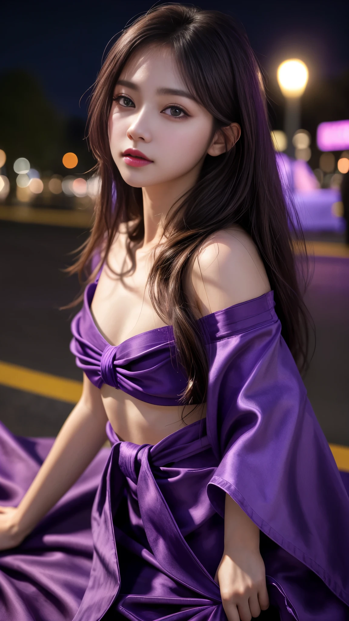 (8k, masterpiece, best quality), ultra-detailed, detailed beautiful round eyes, beautifully detailed face, high quality, high resolution, 1 girl, small breast, (purple cloth:1.5), (bare waist:1.2), nighttime, night park background,
