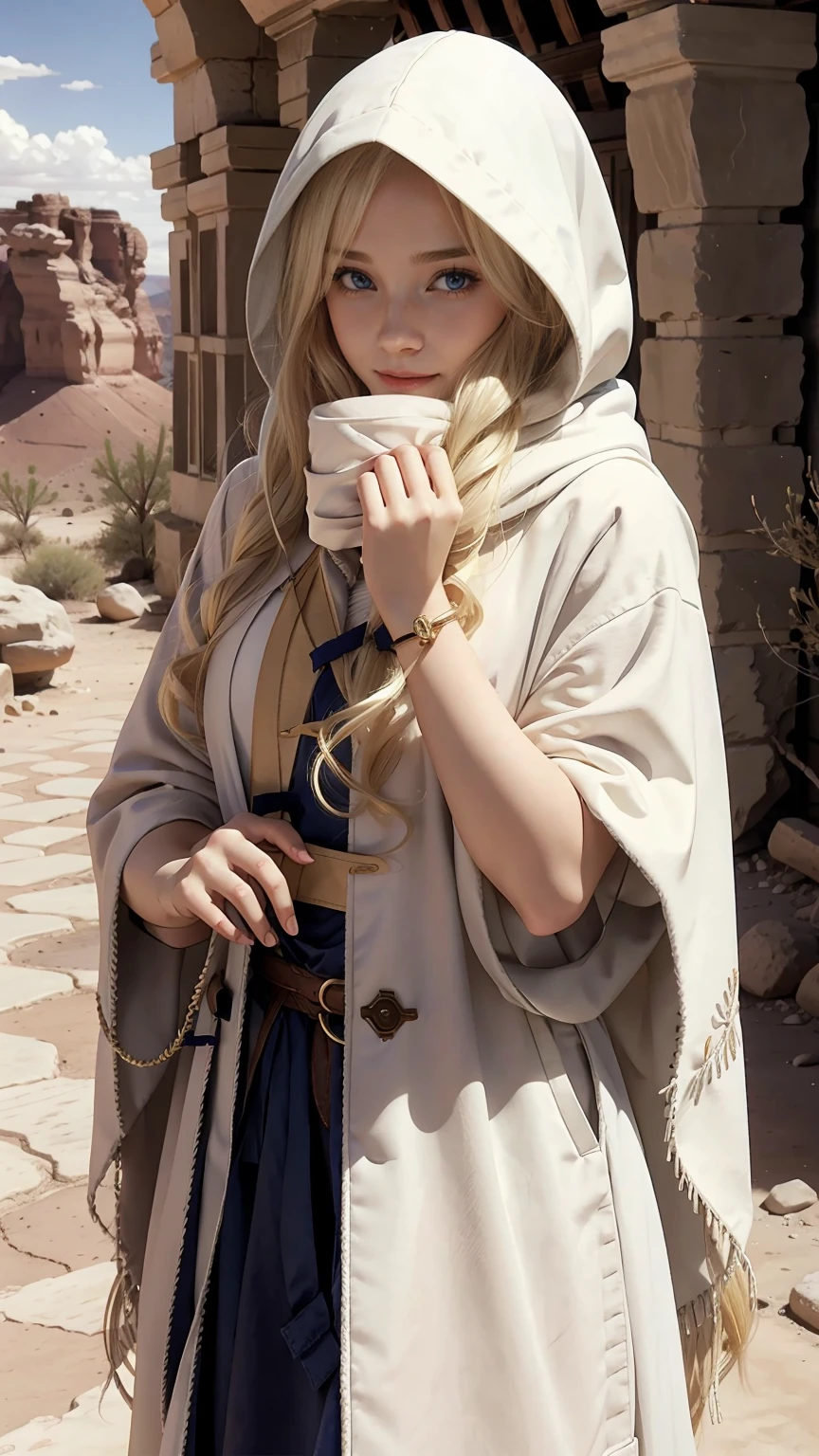 22 year old white female、hair color is blonde、blue eyes、long hair、The ends of the hair are wavy、hair is set、accessories on wrist、wears a cloak that covers the entire body、wearing a hood、wearing a muffler、covering the mouth with a muffler、Inside a ruin lined with columns in the desert、smile、hand on stone pillar