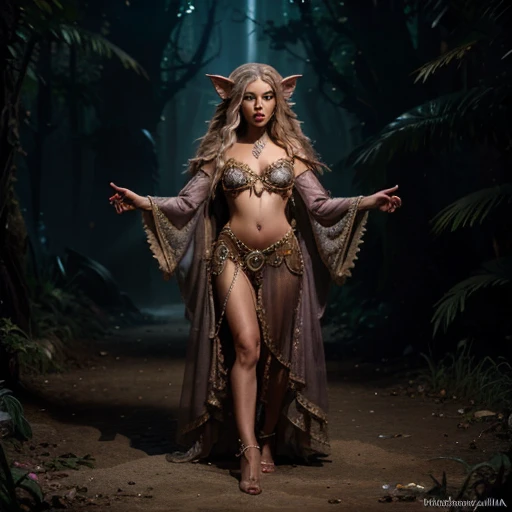 A Gelfling extra furry animal like gypsy clothes princess full body life size from the Dark Crystal Hyperrealistic, splash art, concept art, mid shot, intricately detailed, color depth, dramatic, high definition