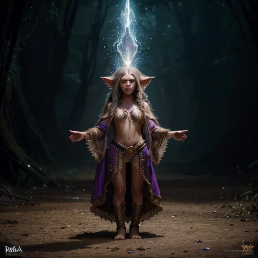 
A Gelfling extra furry animal like gypsy clothes princess full body life size from the Dark Crystal Hyperrealistic, splash art, concept art, mid shot, intricately detailed, color depth, dramatic, high definition