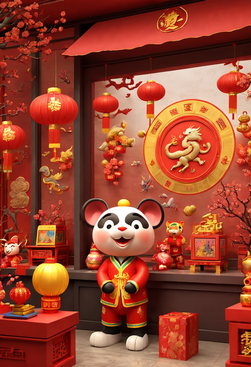 Chinese New Year, Toy Store, Window Display, octane render, enhance, intricate, (best quality, masterpiece, Representative work, official art, Professional, 8k wallpaper:1.3)