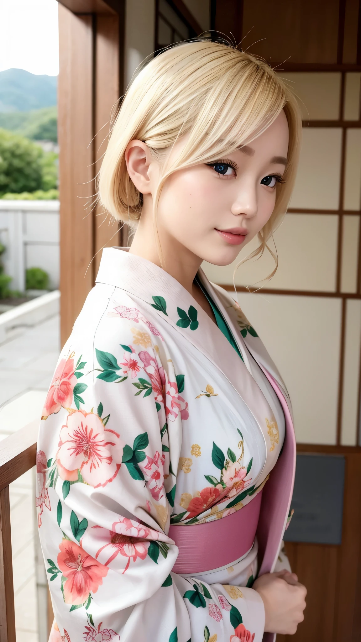 blonde kimono beauty、fancy floral kimono、