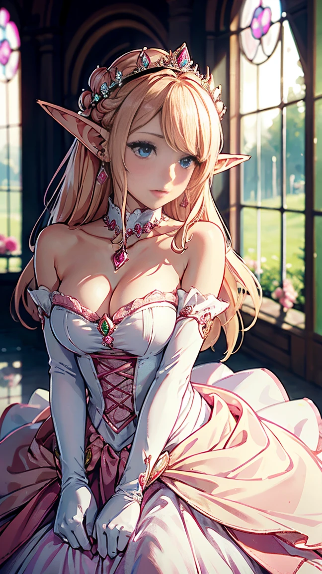 (quality, 4k, 8k, high resolution, masterpiece: 1.2), ultra-detailed, blurry, depth of field, blurred foreground, blurred background, pink, pink rose, dress, jewelry, earrings, elf ears, elf blonde hair, stained glass, princess dress, blue eyes, elbow gloves, pink dress, breasts, looking at viewer, hair over one eye, long hair, pink flower, elf ears, throne room, gloves, motion blur, solo focus , peach princess, crown, strapless, blush, white dress, photo \(medium\), 1 elf girl, gem