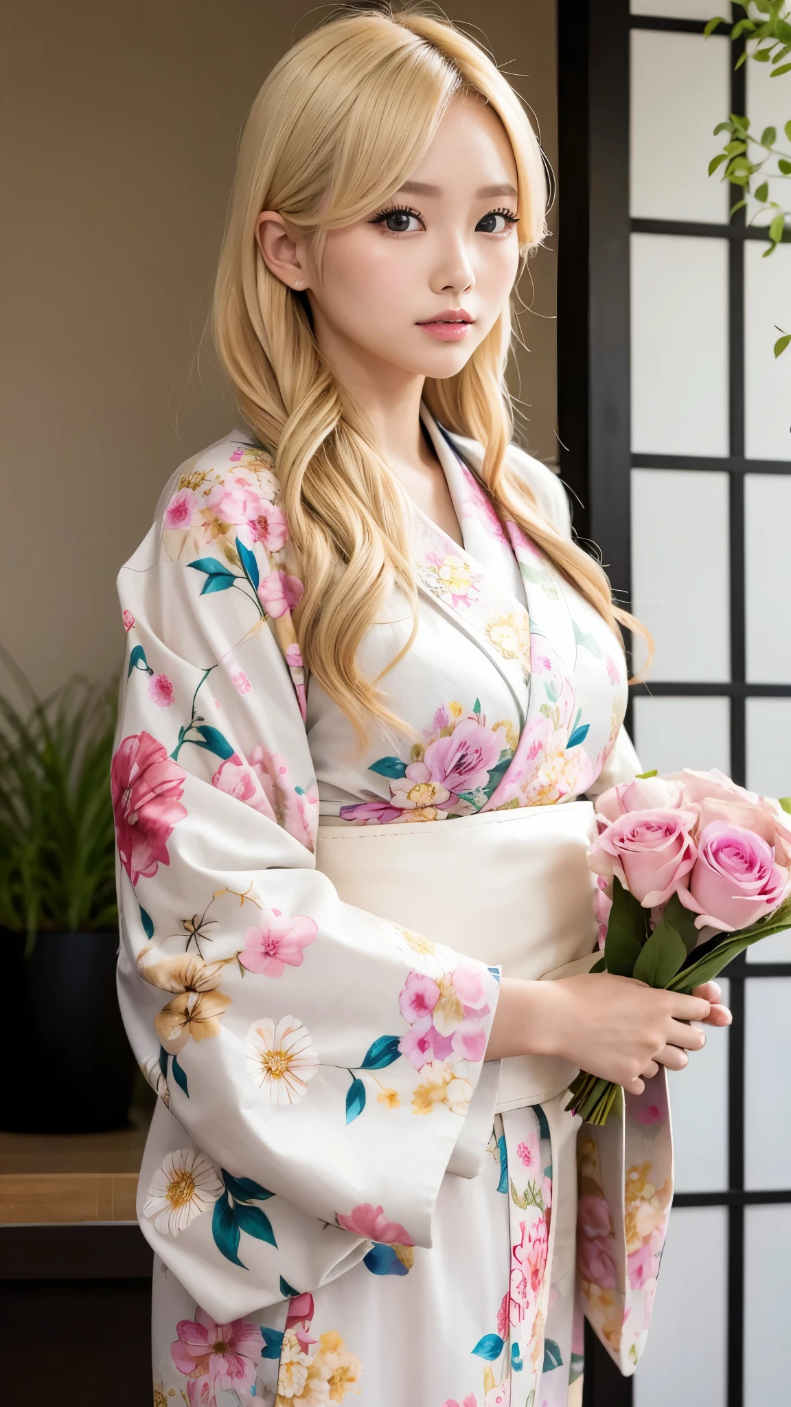 blonde kimono beauty、fancy floral kimono、