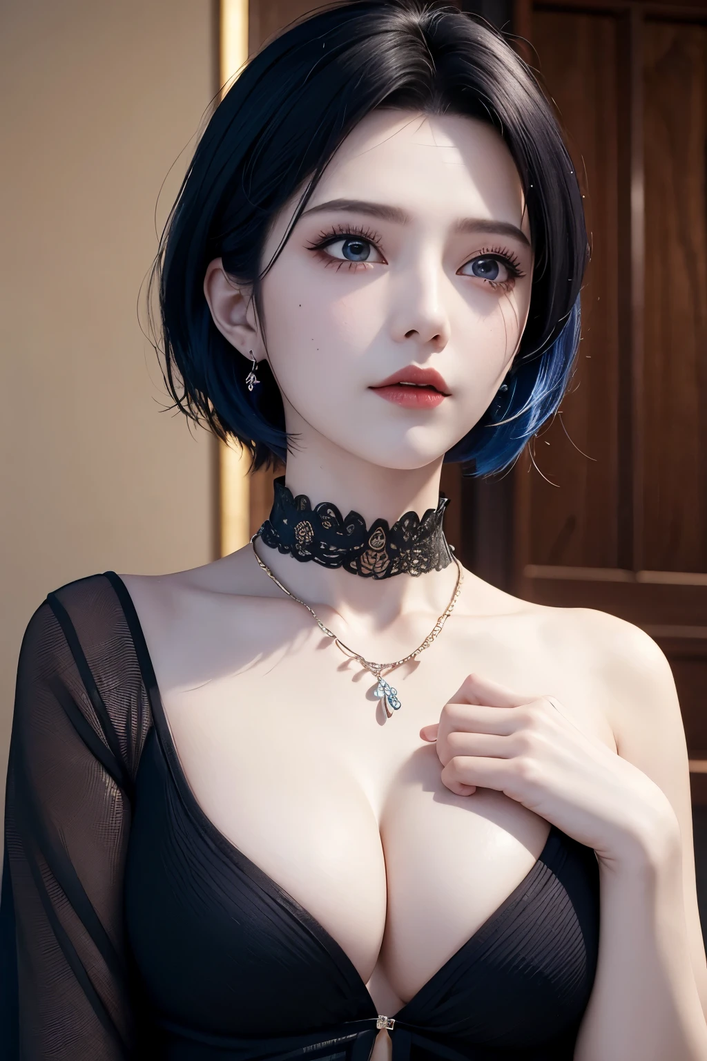 masutepiece, Best Quality,。.3D Lending Works ,。.3DMM Style,close-up,Portrait, 。.3D,1girl in, Solo, multicolored hair, Blue hair, Black hair, Necklace, freckle, Jewelry, Two-tone hair, Looking to the side, Realistic, Upper body, background, Bangs, Looking away, Short hair, Parted lips, Black eyes, Lips, Gothic, Choker, makeup, Mole, Black shirt, Shirt, watermarked